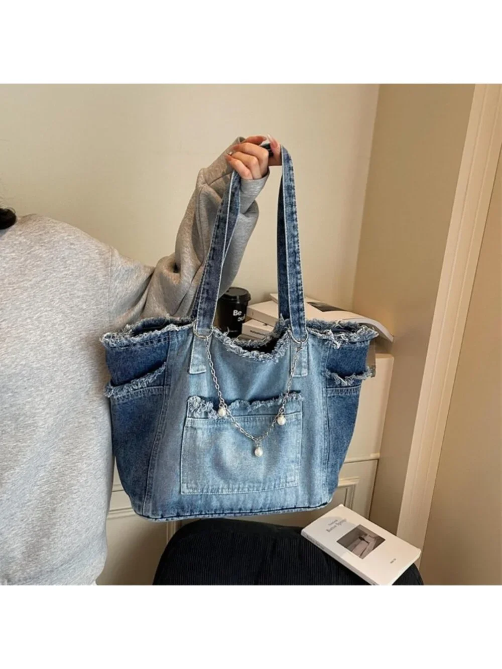 Light Blue Distressed Denim Tote Bag - Large Zippered Canvas Shoulder Handbag